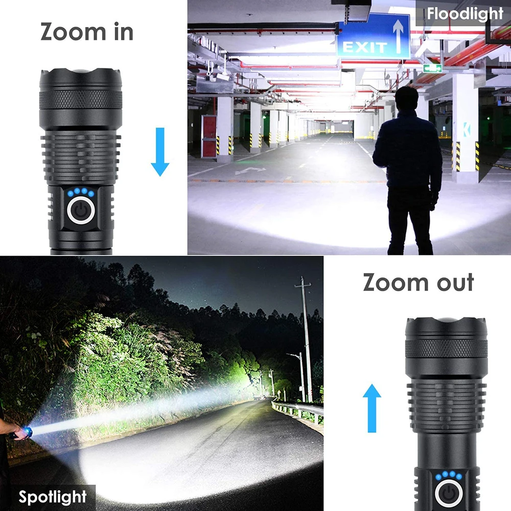 USB Rechargeable Led Flashlight 1000 Lumens XHP 50 Super Bright Tactical Torch Zoomable Waterproof Flashlight for Emergencies