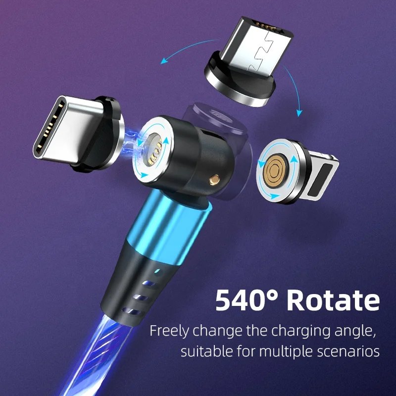 Вращающийся на 540 градусов 3 в 1 Usb Магнитный кабель 3A Micro зарядное устройство