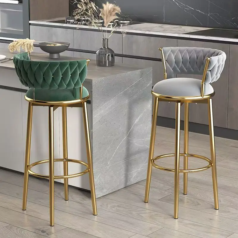 Nordic Luxury Kitchen Counter Stool Modern High Bar Chair With Gold Metal Velvet Leather-Adjustable Plastic Furniture Table