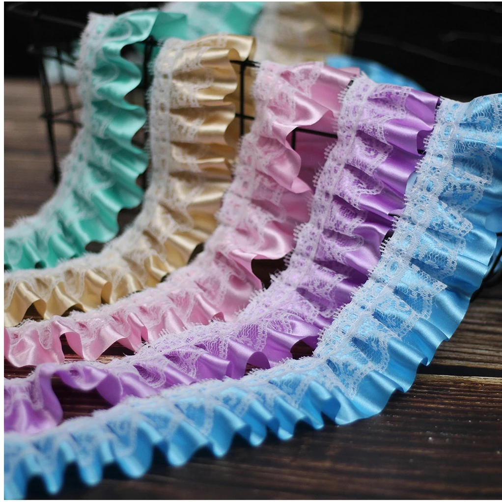 Wholesale 5CM Double Layers Satin Lace Dot Gold Edged Drape Wrinkled Mesh Ruffle Lace for Arts and Crafts