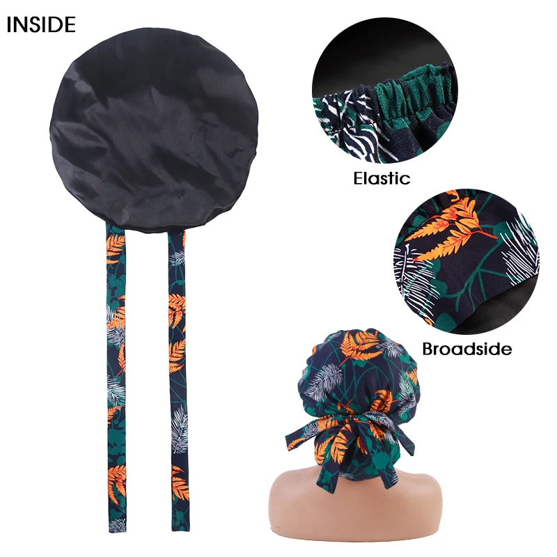 New Design Cotton Tropical Leaves Print double Layer Satin Lined Medical Surgical Cap With Long Thin Strip