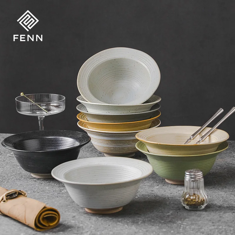 Creative retro style 7 inch ceramic ramen bowl customized logo salad bowl dessert noodle porcelain dinnerware set for hotel