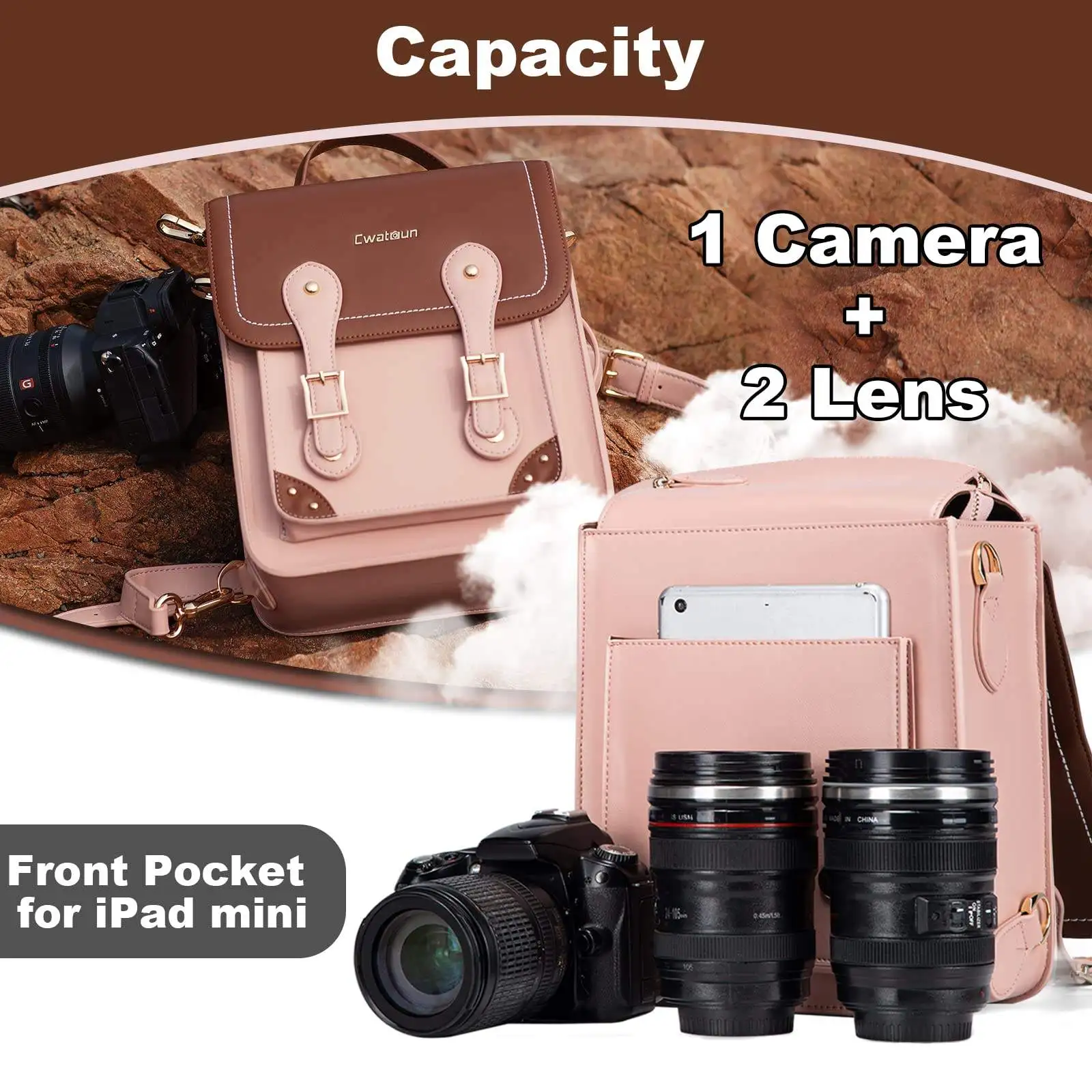 Retro Women Adventure Shockproof Holder Storage Carry Fashion Carrying Cute Pu Cow Leather Hidden Camera Backpack Bag For Canon