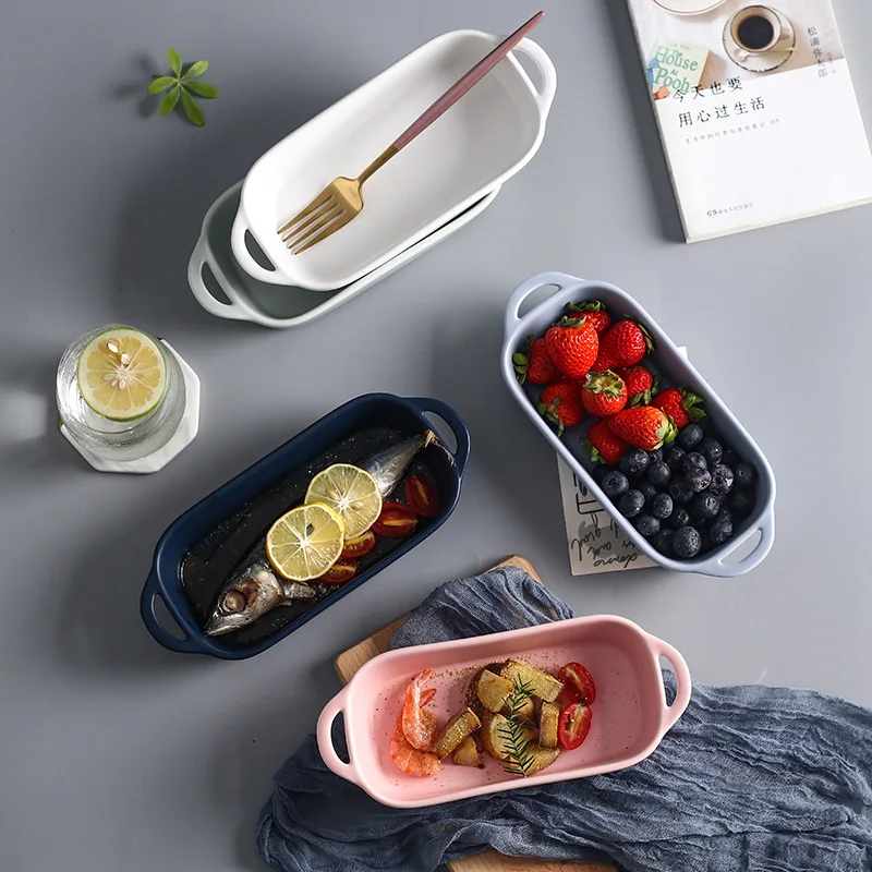 Nordic Style Plate Ceramic Household Dinner Plate Ins Double Handle Disk Baking Tray Creative Dinner Baked Rice Tableware Plate