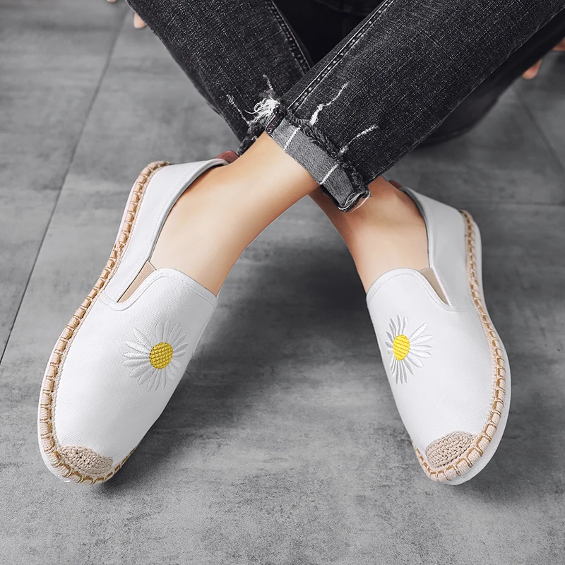 White Embroidered New Model Jute Sole Espadrilles Men Shoes