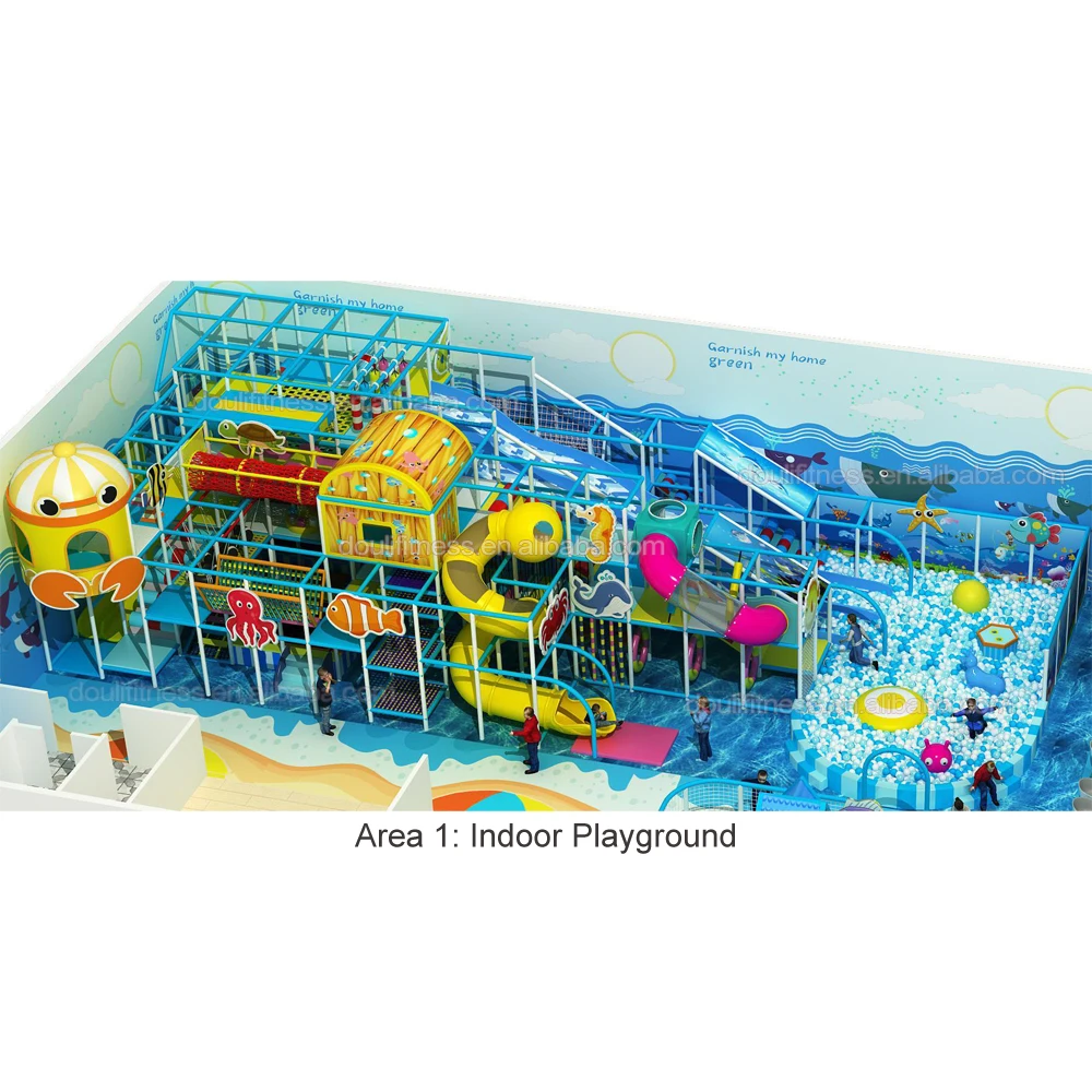 Douli customizable kids large 305sq.m oceam themed 4 in 1 indoor naughty castle snow slide obstacle course bool pool playground