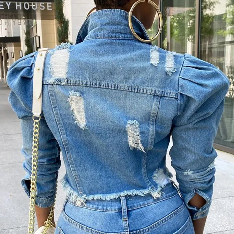 Wholesale Fashion Puff Sleeve Ladies Denim Jacket Women Coat Casual Ripped Holes Womens Jean plus size