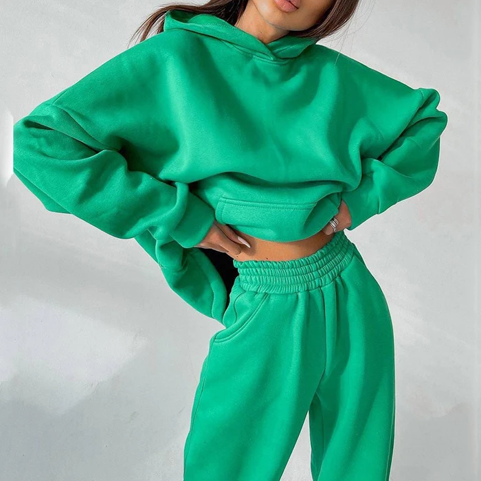 New custom casual over size basic hoodie loose fit stack wide leg pant 2 piece set for women