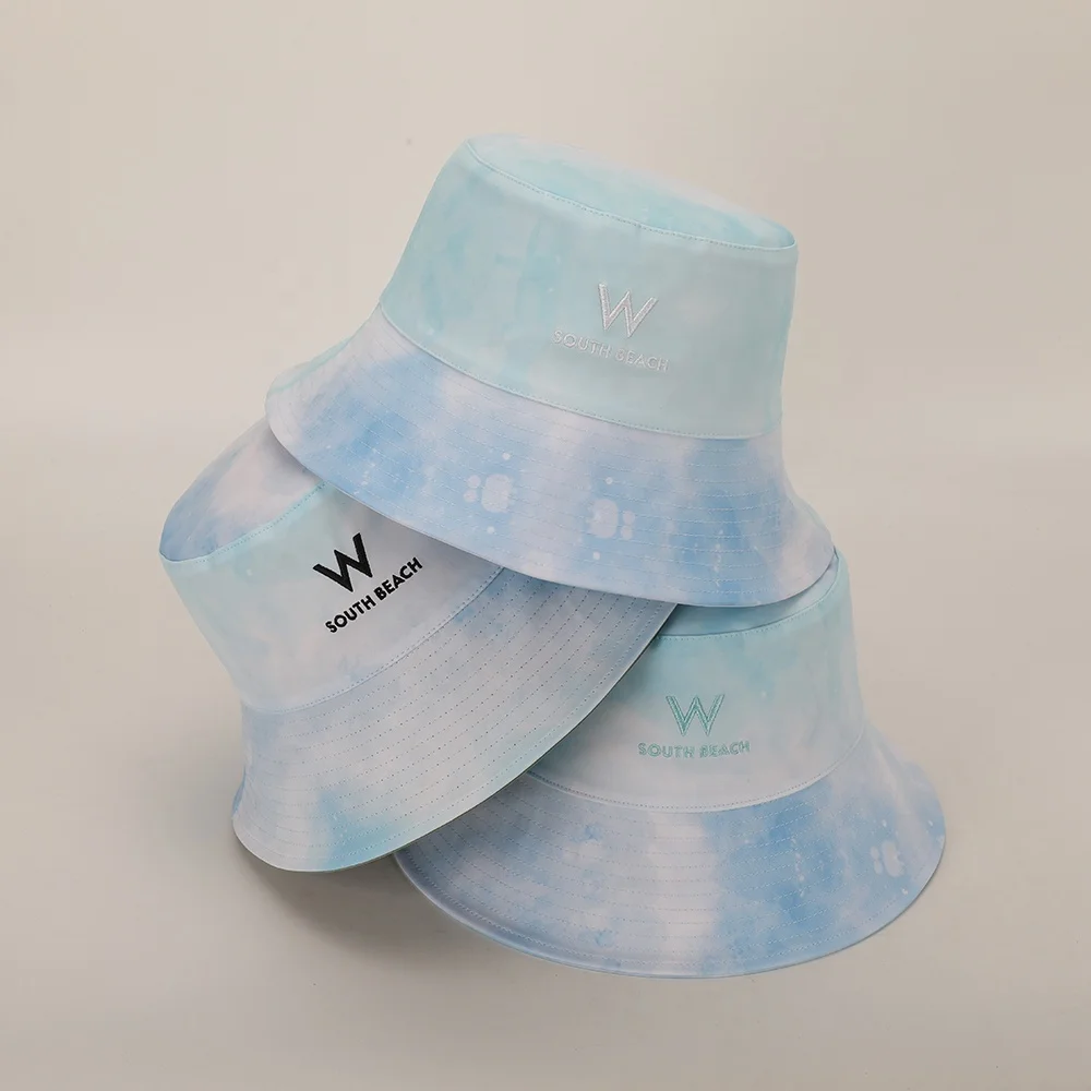 Оптовая продажа, Высококачественная 100% хлопчатобумажная шляпа для взрослых, синие красители для галстуков, вышивка с логотипом, двусторонняя шляпа для рыбака