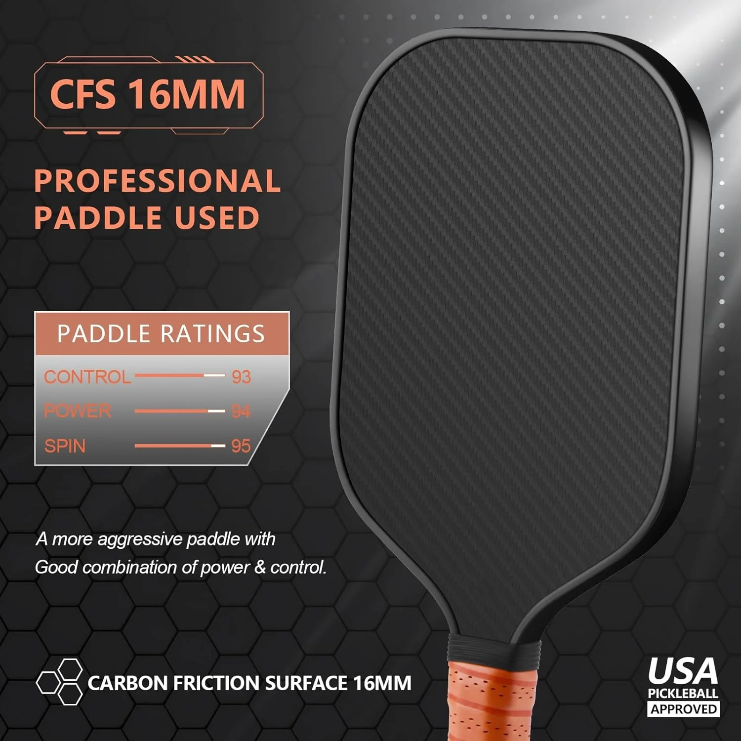 Профессиональная лопатка Pickleball с 3K поверхностью из необработанного углеродного волокна (CFS) и 16 мм полипропиленовым сотовым сердечником