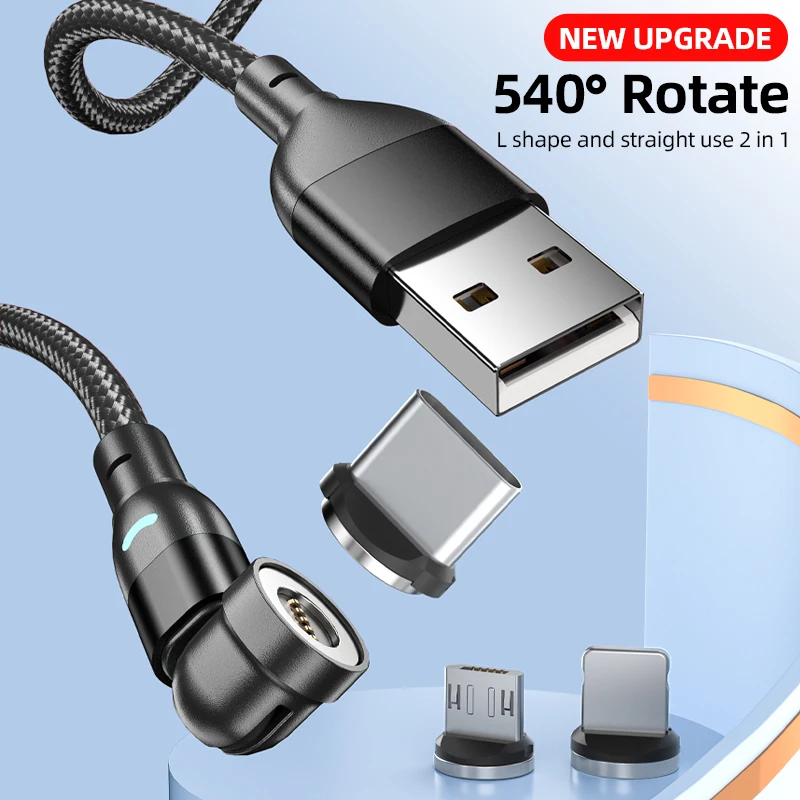 2023 new upgrade 3A fast charging magnetic 3in1 charging cable data transfer cable type c micro heads 540 rotation LED cables