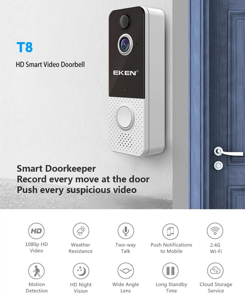 Smart Wifi Doorbell 1080P Support Sound/ Motion Detection Waterproof Wireless Intercom Door Bell