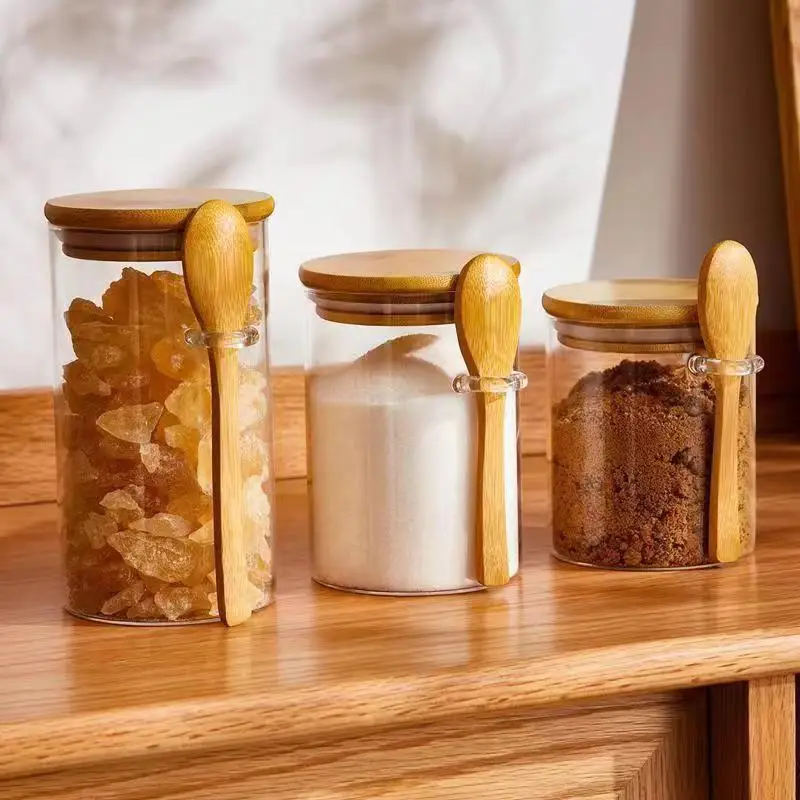 Домашние воздухонепроницаемые стеклянные банки YOLOWE с бамбуковыми крышками ложки для специй конфеты кофе в зернах сахарные орехи и печенье хранения на кухне