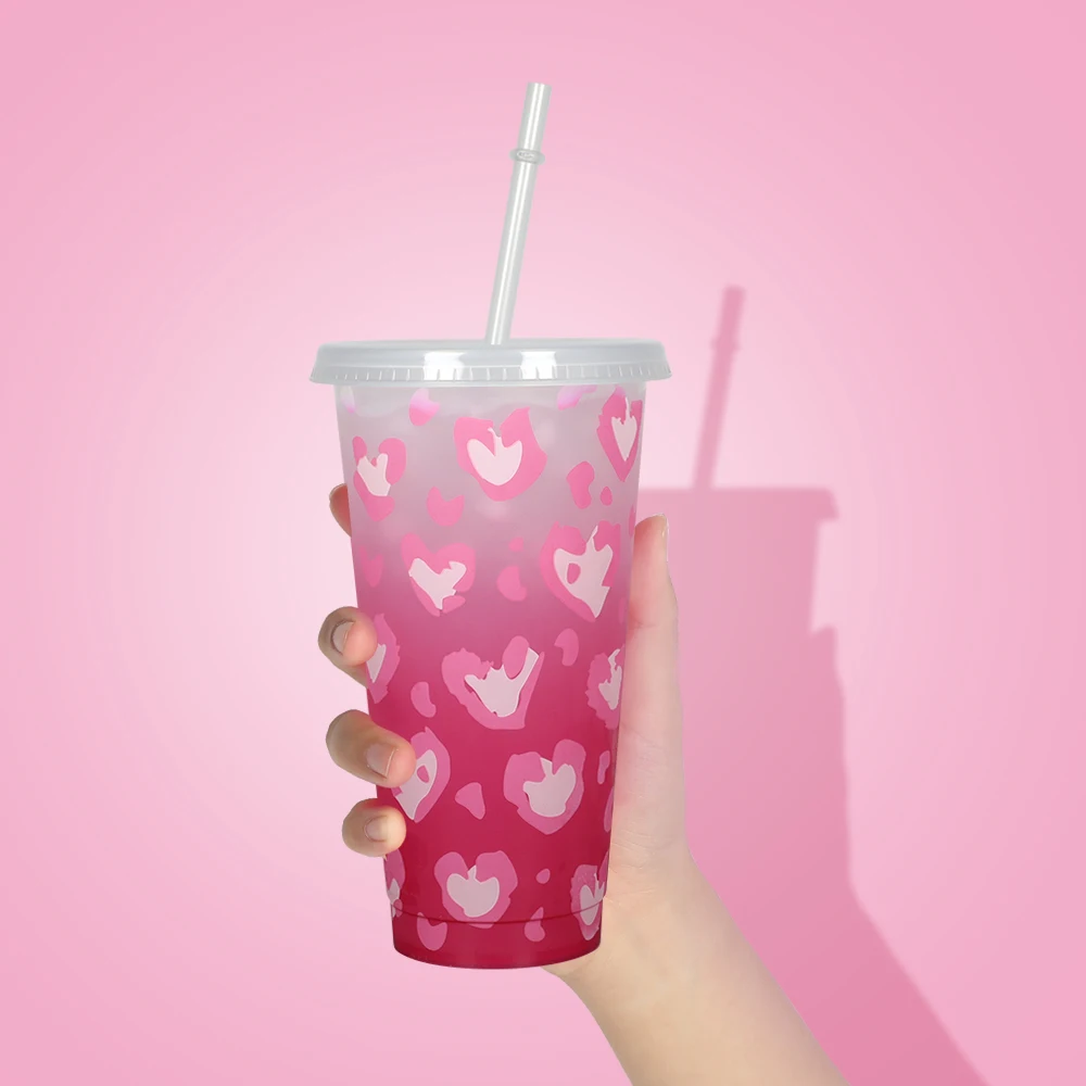 Valentines day gift 2024 reusable coffee pp cold plastic tumbler colour changing cup with straw