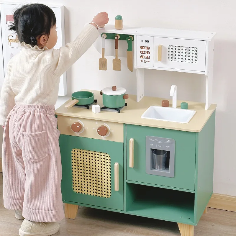 Kitchen with Pretend Ice Cube Dispenser for Toddler Wooden Kids Kitchen Play Set Toy Kitchen Set for Kids (Vintage Green)