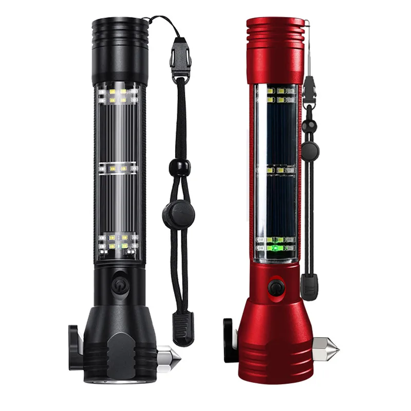 Multifunctional 7In1 Car Emergency Rescue Escape Solar Flashlight Compass Self Defense Rechargeable Solar Led Torch With Magnet