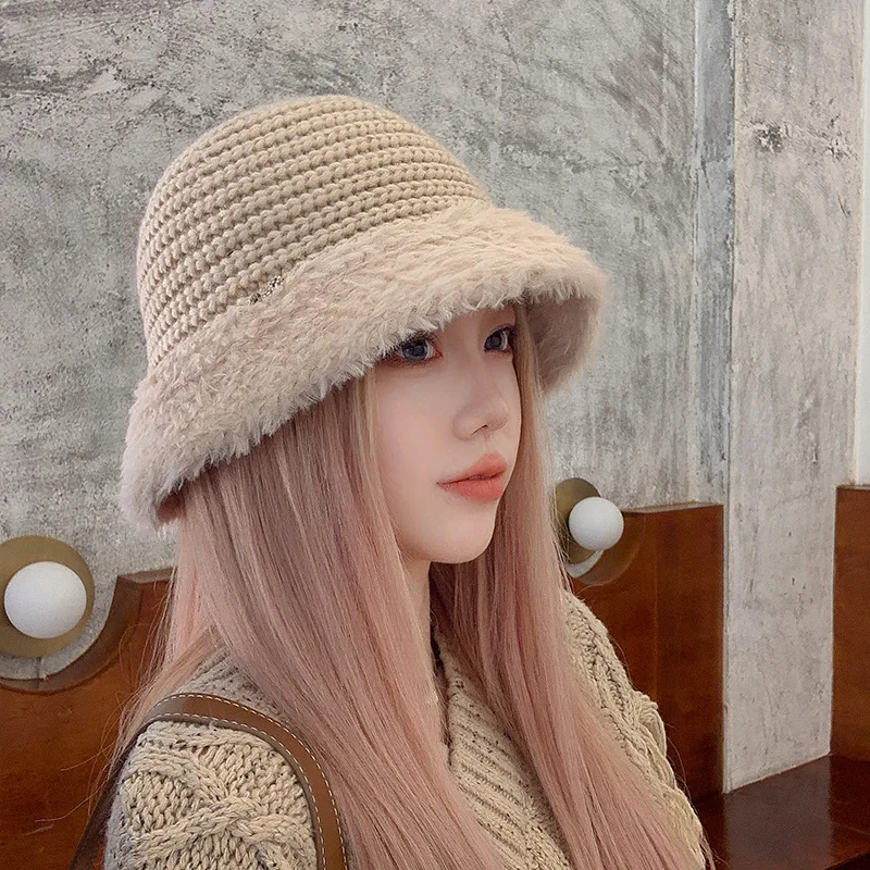 Basin hat Autumn/Winter knitted outdoor casual face small Japanese wool bucket hat plush warm fisherman hat