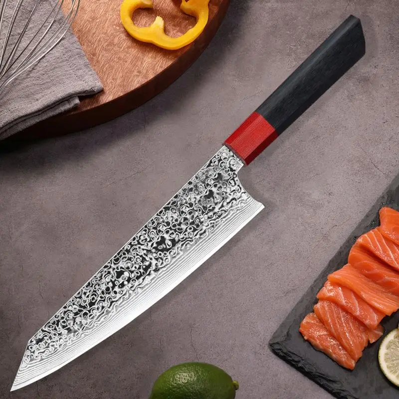 Multipurpose Japanese Vg 10 Damascus Steel Chef Knife Heavy Duty Fixed Blade Knife With Black Handle
