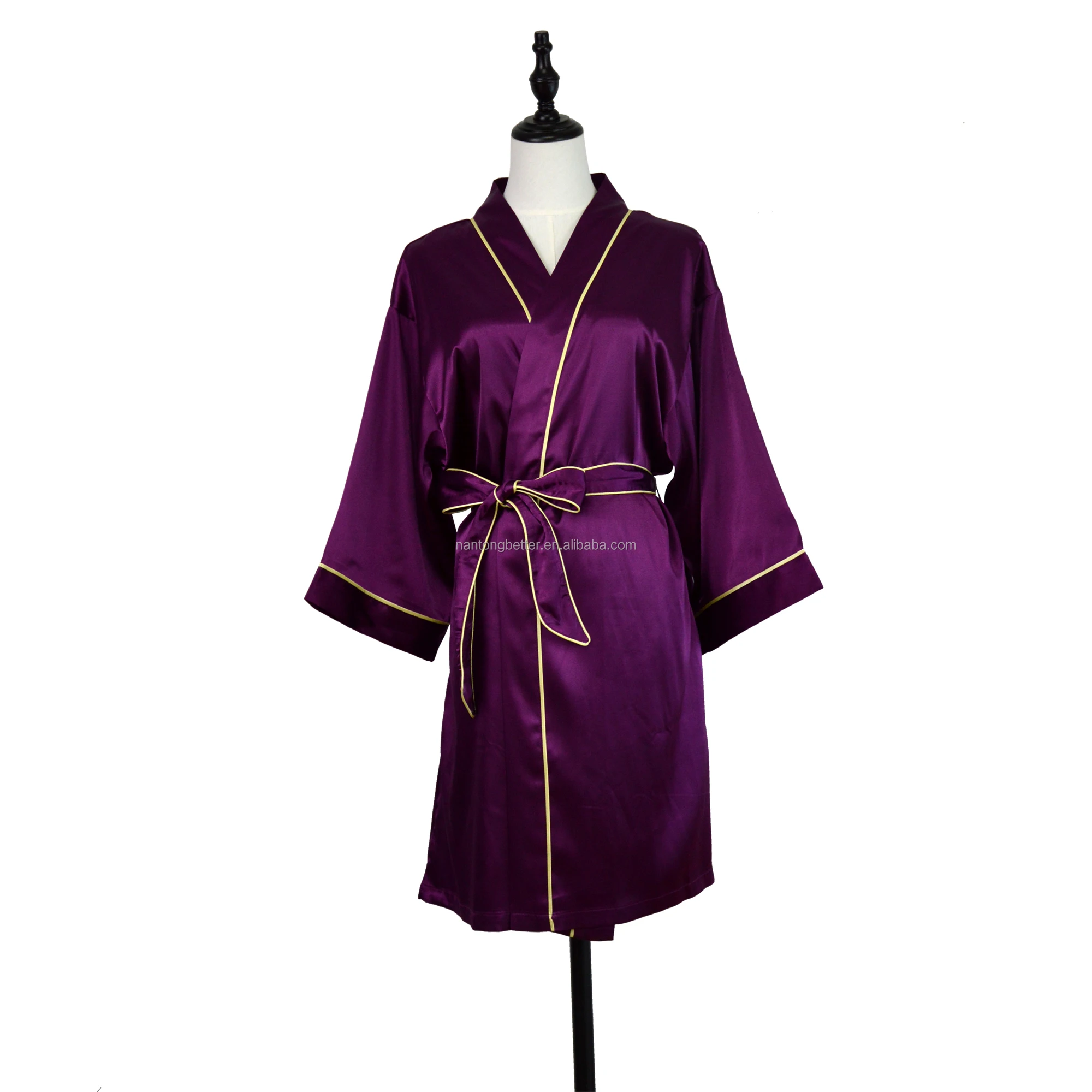 Wholesale Luxury Stock Ready to ship Woman Satin Silk Robes Wedding Morning Gown Silk Adult Spa Robe with Piping
