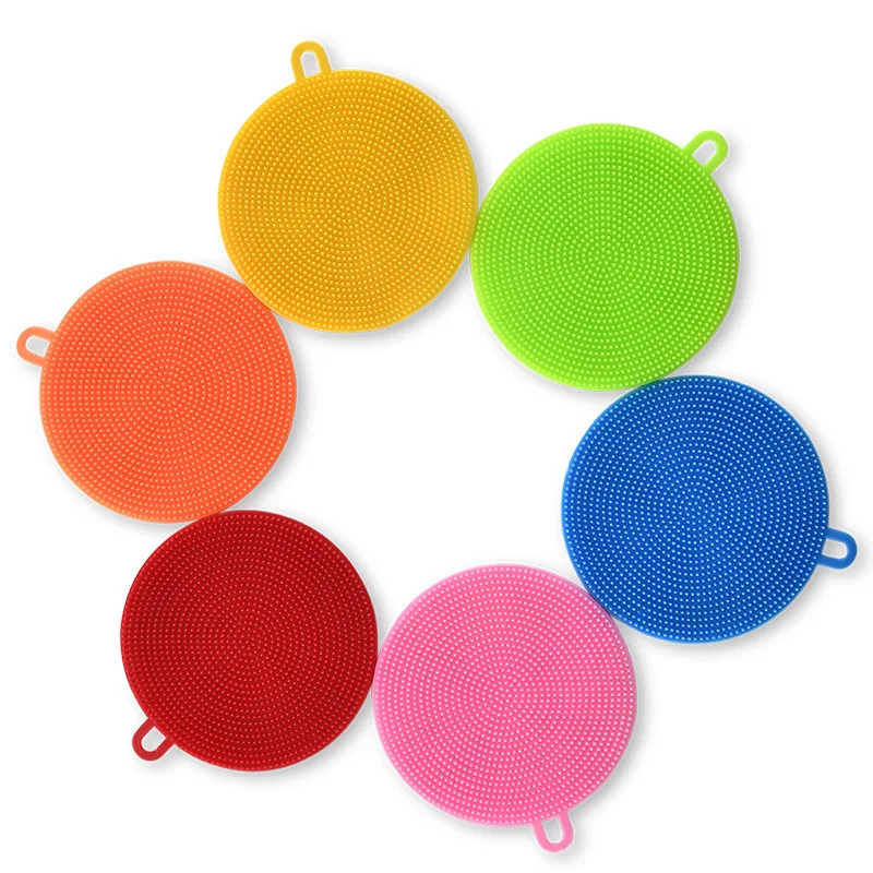 A Set Of Plastic Colored Round Six Piece Dishwashing Brushes For Cleaning Cups Cutlery