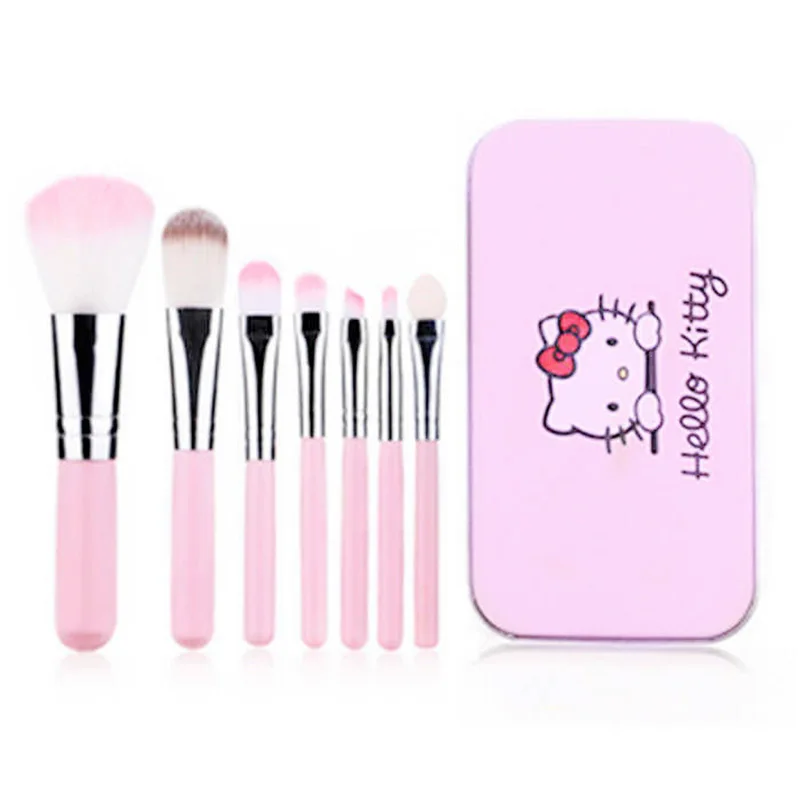 Customized Logo Factory Price 7pcs hello Mini Kitty Traveling Brush Set For Makeup In Tin Box Eye & Face Use Wholesale