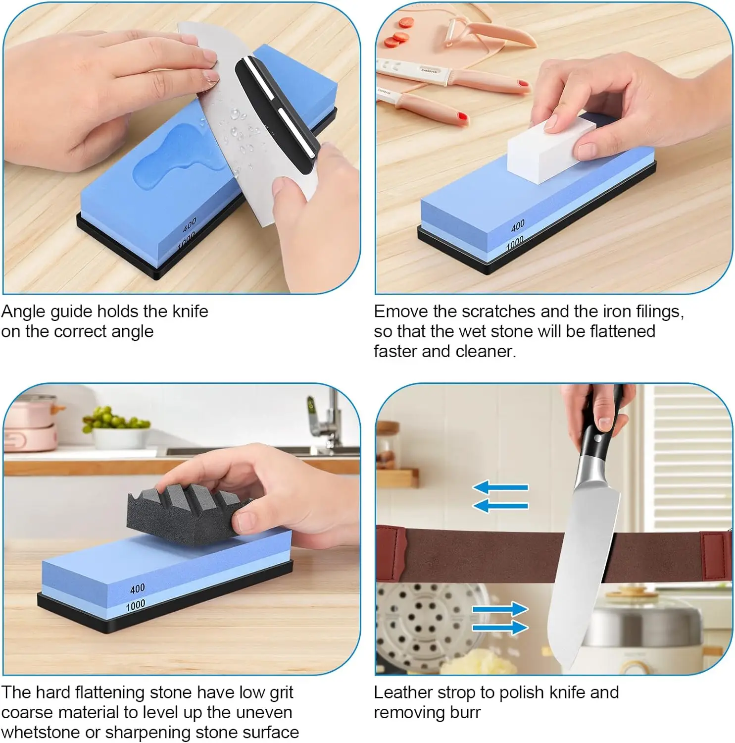 Whetstone Knife Sharpening Stone 4 Side Grit 400/1000 3000/8000, Professional Whetstone Knife Sharpener