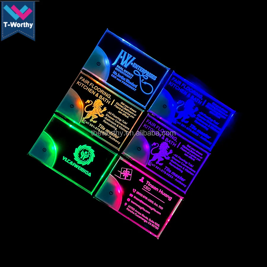 T-Worthy Customized Logo Laser Engraved LED Business Card Acrylic Brand Name Glowing LED Light Up Business Card