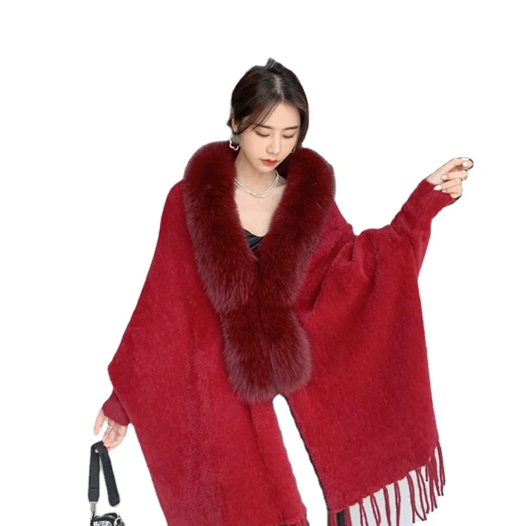 Ladies Faux Mink knitting Fur Shawl Fox Fur Collar Mid-Length Solid Color Tassel Fur Shawl
