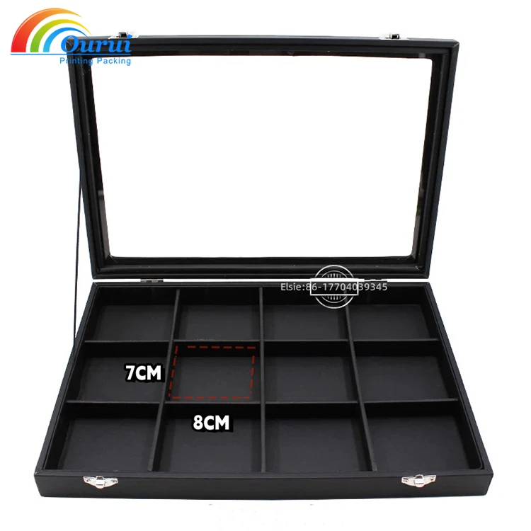 Stackable Black Leather Jewelry Box Tray with Glass Cover for Rings Bracelets Necklaces Earrings-Watch Boxes & Cases