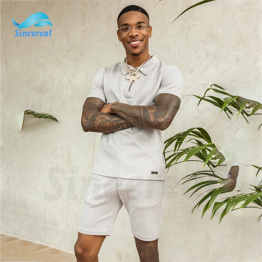 Custom logo summer Men Cotton Polyester casual Stretch fit grey textured fabric grey zipper premium Polo 2 piece shirt short set