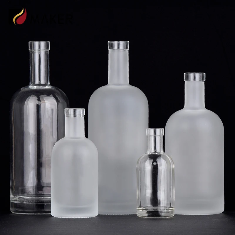 Wholesale transparent frosted vodka empty glass bottles 100ml 500ml 725ml Boston round fruit wine glass bottle with printed logo