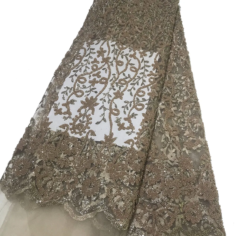 Navy Blue African Luxury Design Glued Beads Floral Lace Fabrics Shining Glitter Sequined Tulle Mesh for Sewing Women Party Dress