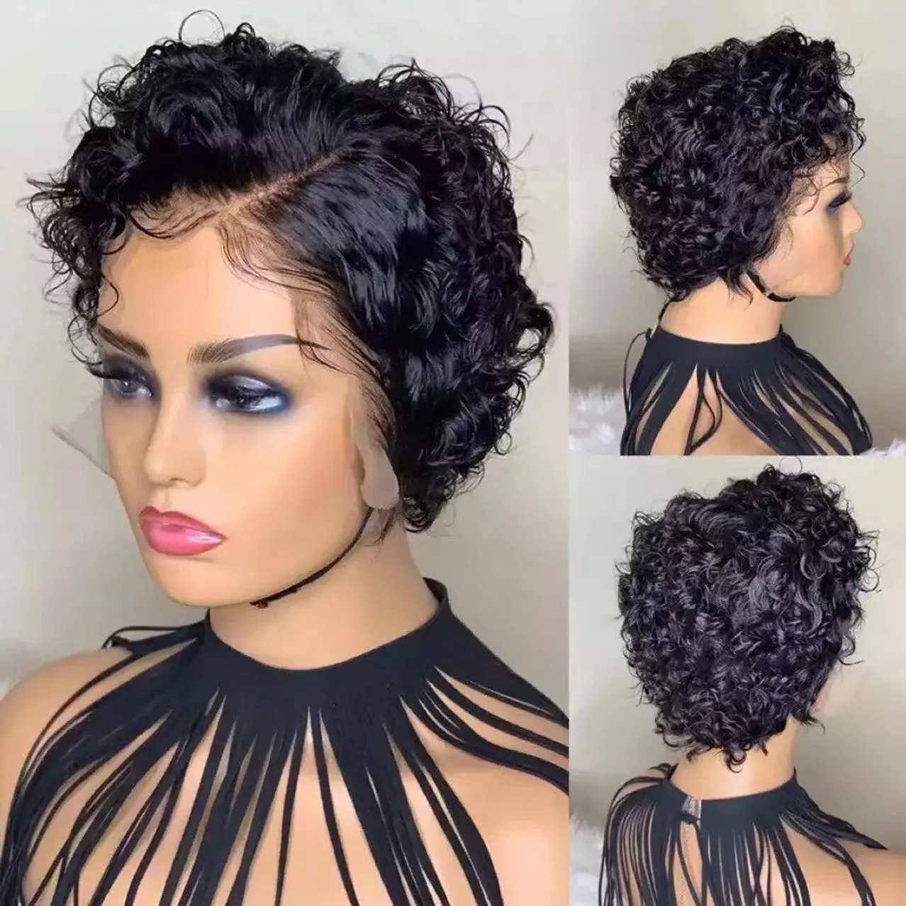 Wholesales 12a Grade Super Double Drawn Pixie Cut Short Wigs Rose Curl Fringe Wigs with Bang Human Hair Brazilian Long