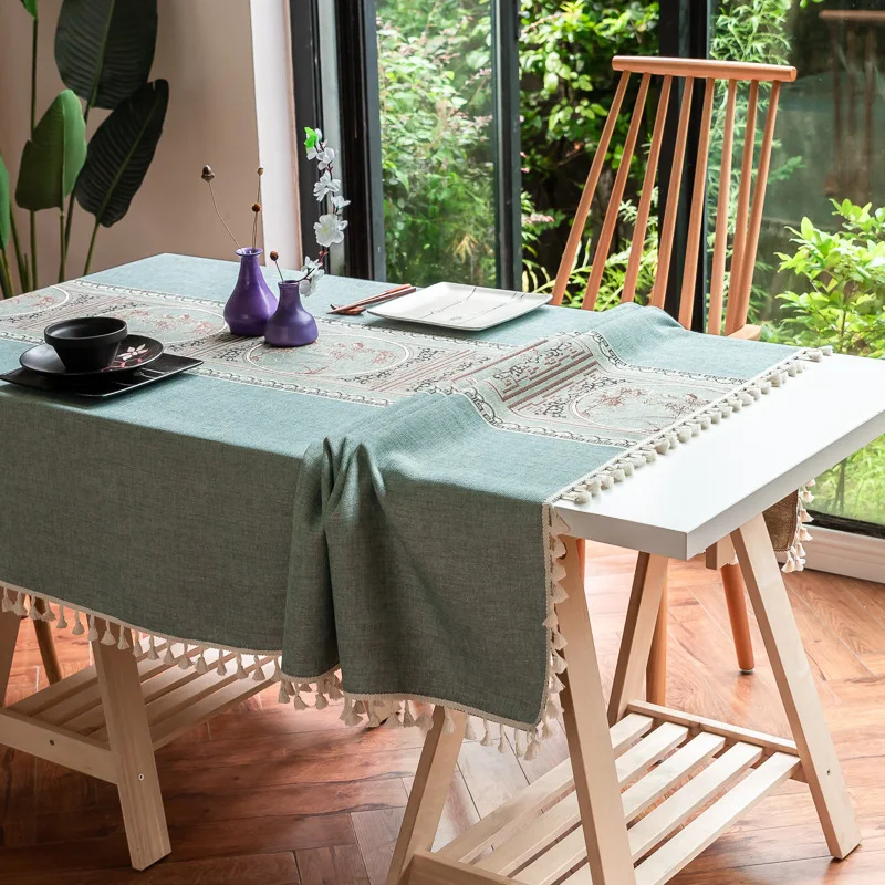 European style household cotton linen fabric tea table covers Nordic simple bamboo pattern embroidery  dining table cloth