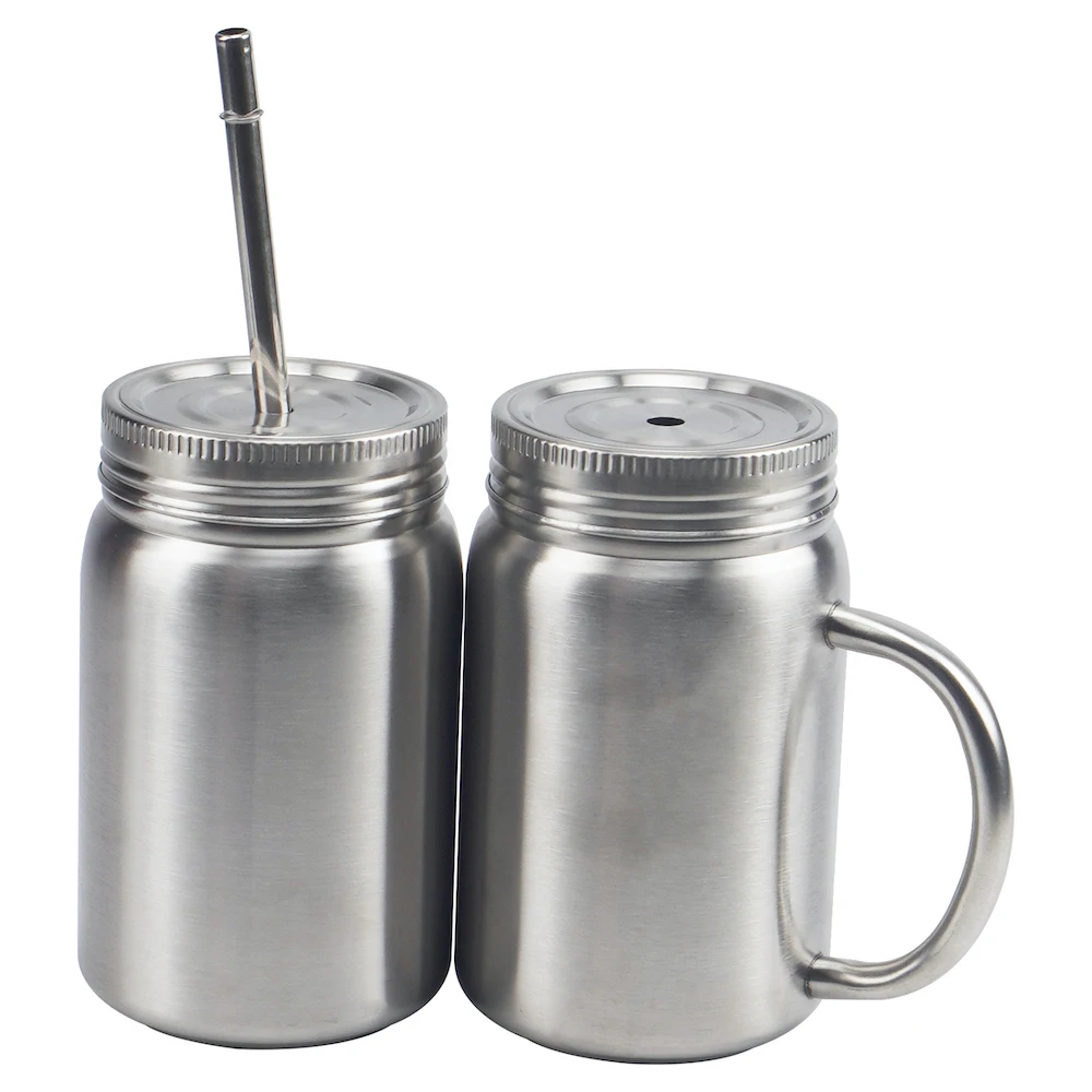 Double Wall Stainless Steel Mason Jar Mugs with Handle Straw and Lid 500ml