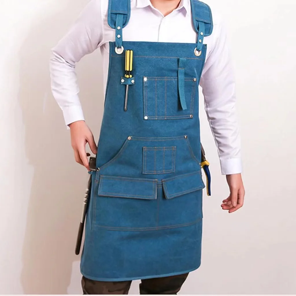 Unisex Heavy Duty 16-pockets waxed Canvas Work Apron New Durable Goods with Cross-Back Straps Adjustable Bib for Kitchen Tools