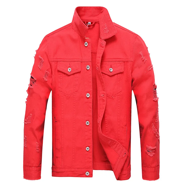 2020 Fashion Slim Fit Spring Premium Mens Beige White Ripped Denim Jeans Coat Jacket With Make Old Holes Windbreaker