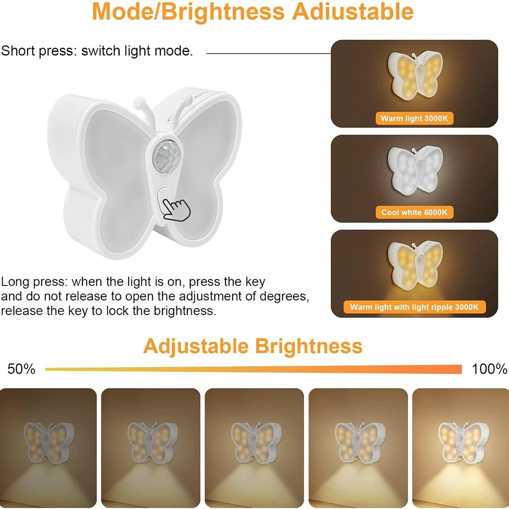 2Pack Energy Saving Motion Sensor Butterfly Under Kitchen Cabinet Led Light Wireless Rechargeable Bedroom Step Night Lights