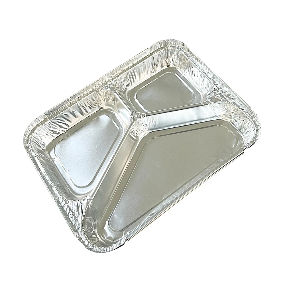 Wholesale Food Packaging Aluminum Foil Take-Out Pan Disposable 3-compartment Oblong Aluminum Foil Container