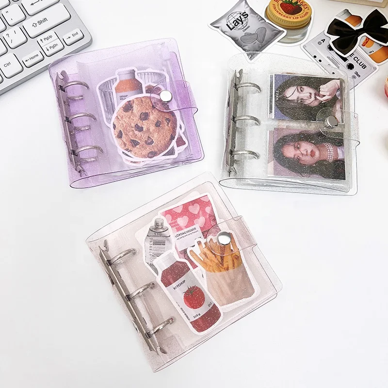 Cute Mini Binder Folder 3 Holes 3 Ring Transparent Photo Sleeves Card Collection Glitter Pvc Cover Album Loose Leaf Notebook
