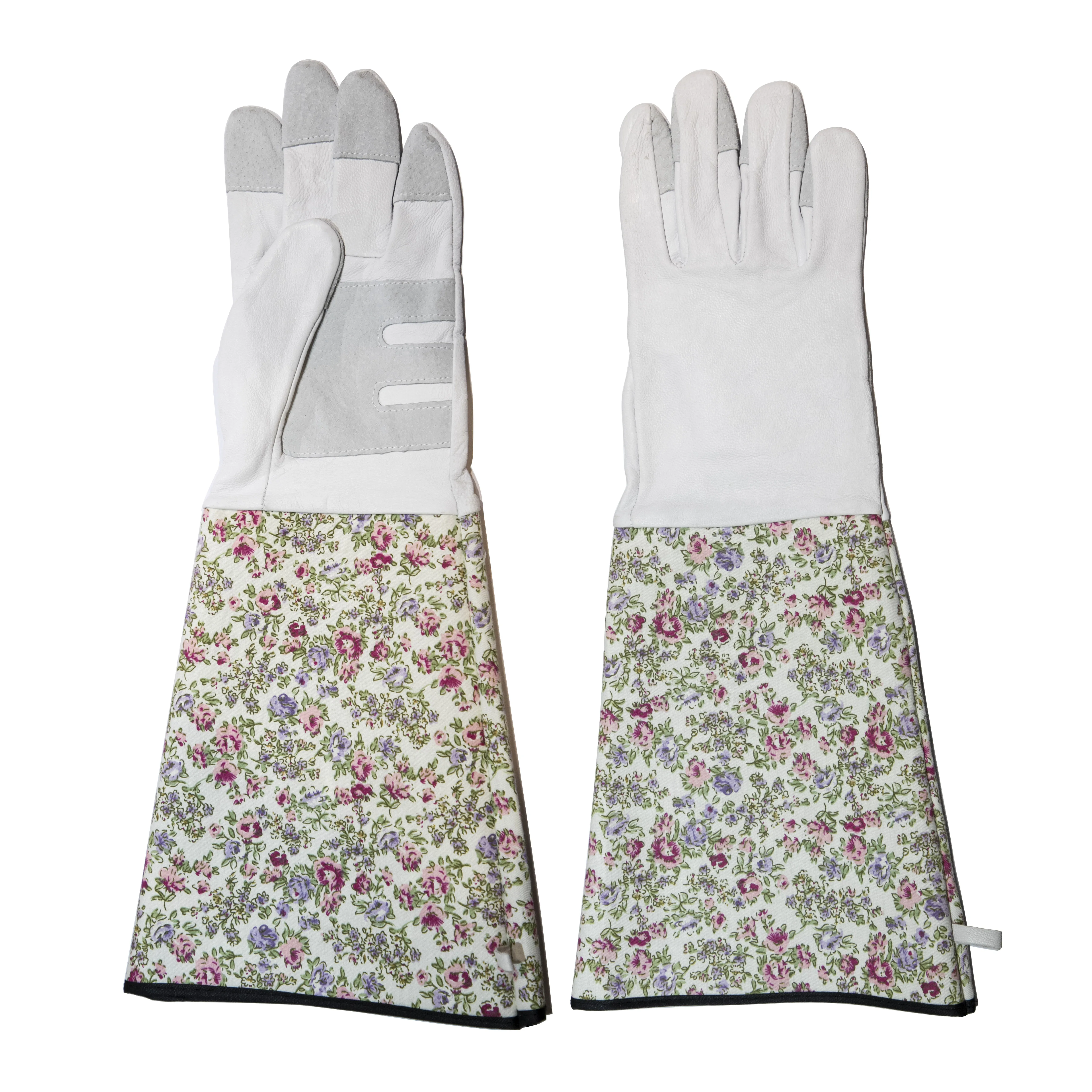 Goat Skin Leather Long Cuff Garden Safety Glove Flower Print Rubberized Cuff Rose Trimming Glove