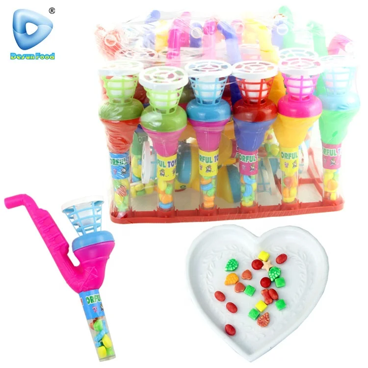 Hot Selling Plastic Funny Saxophone Shaped Blowing Ball Toy With Candy