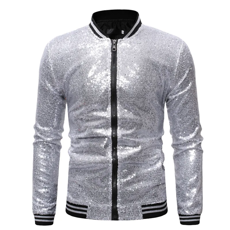 Mens Plus Size Loose Sequin Dance Dress Zip Cardigan Jacket