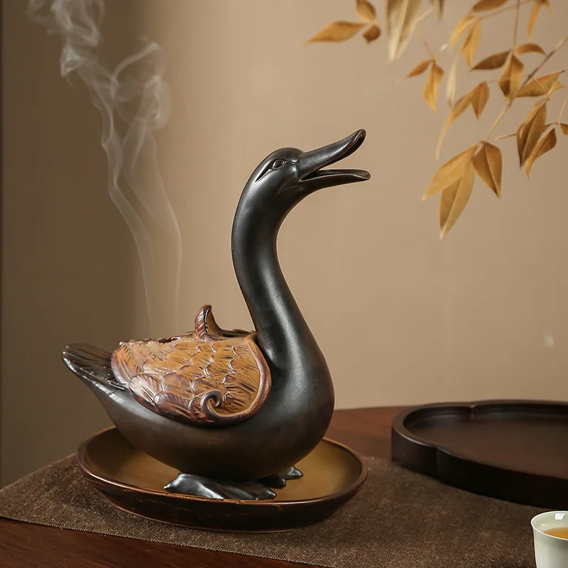 Ceramic duck incense burner Set with holder handmade Zen Yibao agarwood sanda wood creative home indoor entrance decoration