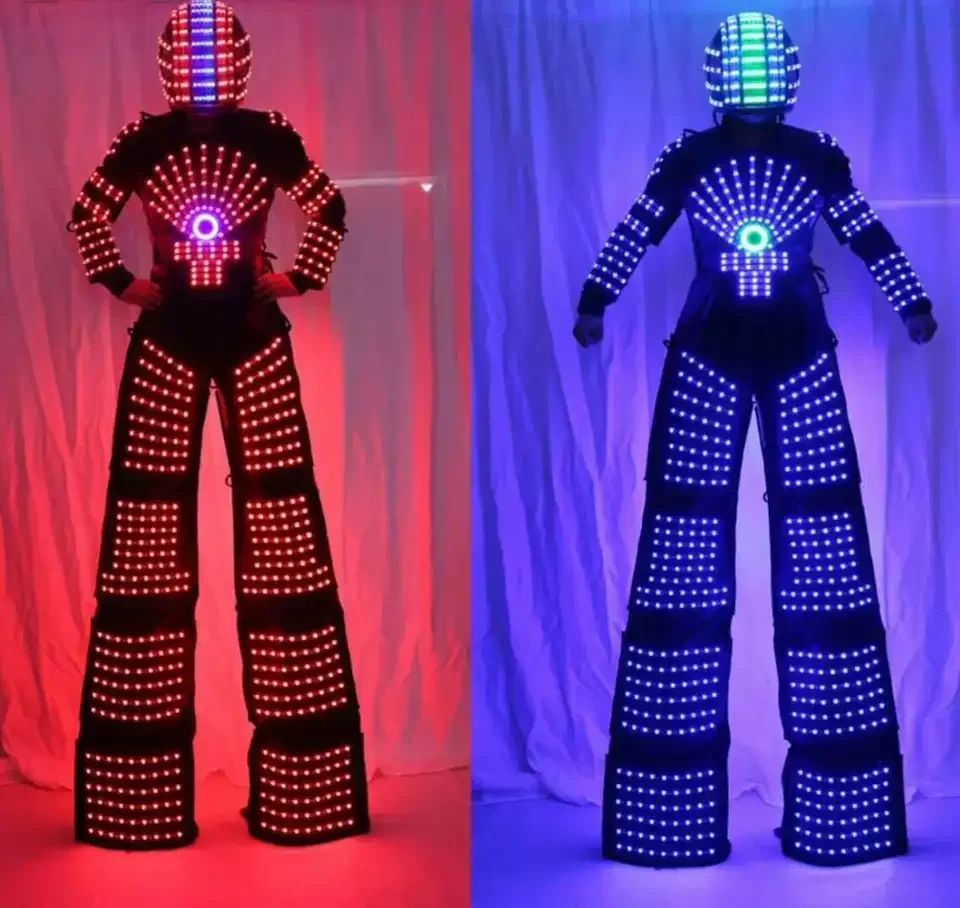 Unisex Adult Halloween LED Light Stilts Walker Robot Suit Luminous Costumes LED Screen Clothes Bar Party Nightclub Robot