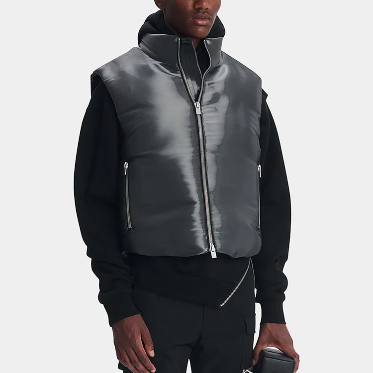 Custom Crop Fit Zipper Puffer Quilted Liquid Metal Down Vest Men