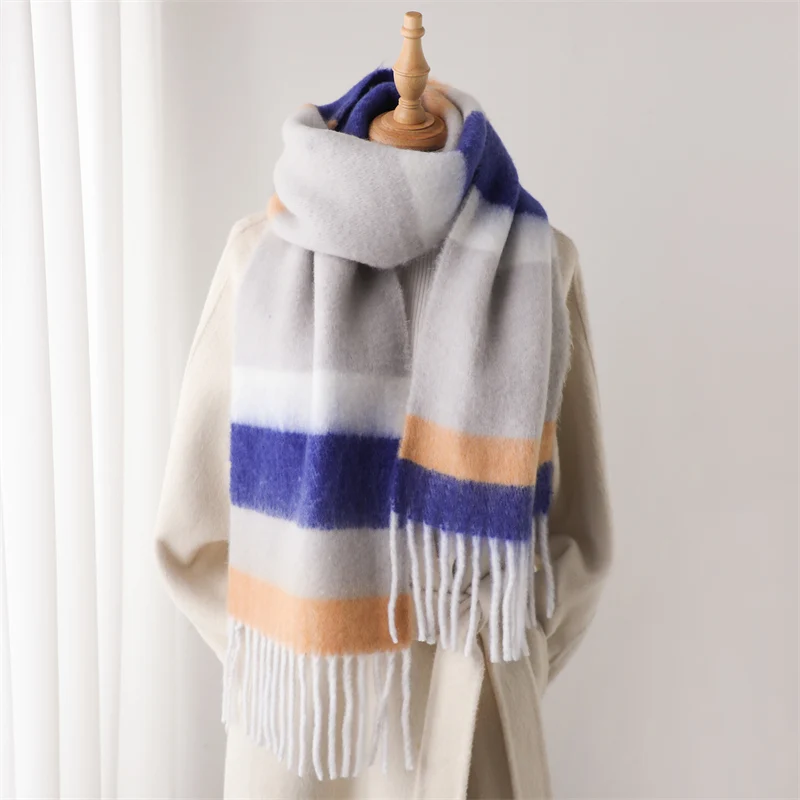 Fashion Thick Warm Scarf for Women Striped Print Long Imitate Cashmere Blanket Stoles Girls Rainbow Pashmina Bufanda With Tassel