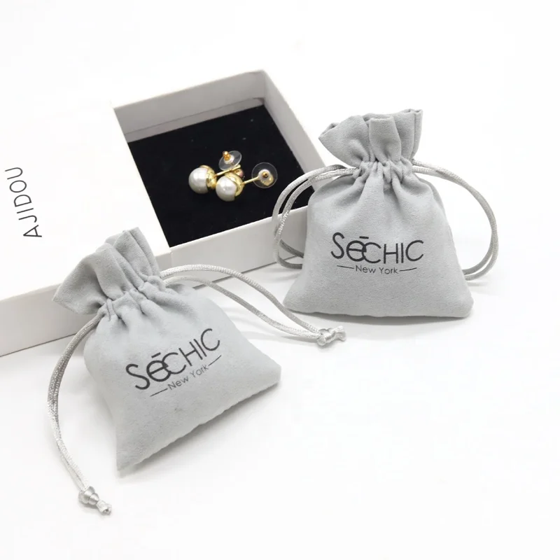  Custom Soft Microfiber Suede Gift Drawstring Bag Gray Jewelry
