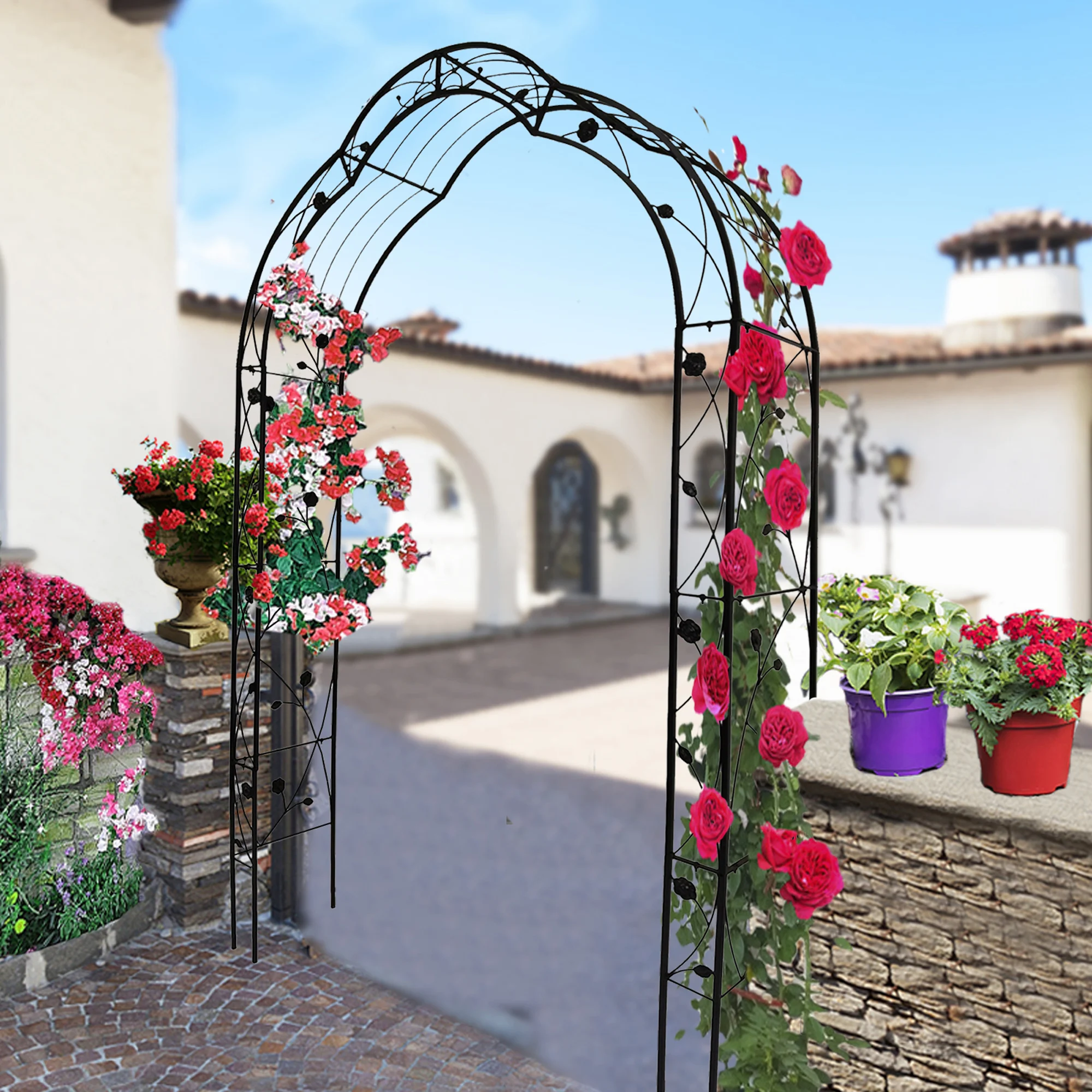 Black Metal Garden Arch for Climbing Plants Support Powder Coated Rose Arch with Easy Assembly for Backyard Application