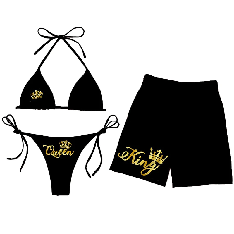 Индивидуальные Дизайнерские подходящие купальники из 3 предметов для пар мужские пляжные шорты женские стринги бикини комплект с